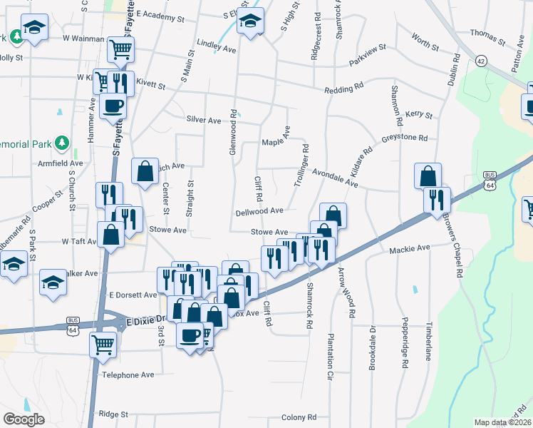 map of restaurants, bars, coffee shops, grocery stores, and more near 1 Dellwood Avenue in Asheboro