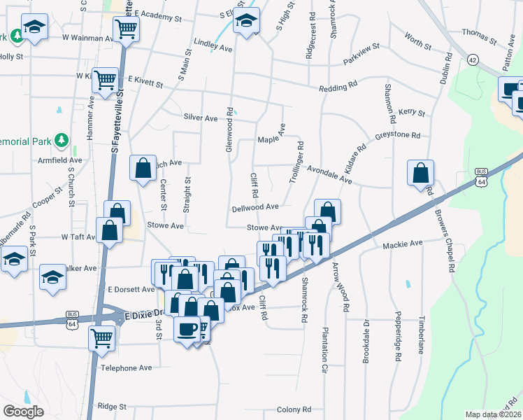 map of restaurants, bars, coffee shops, grocery stores, and more near 1 Dellwood Avenue in Asheboro