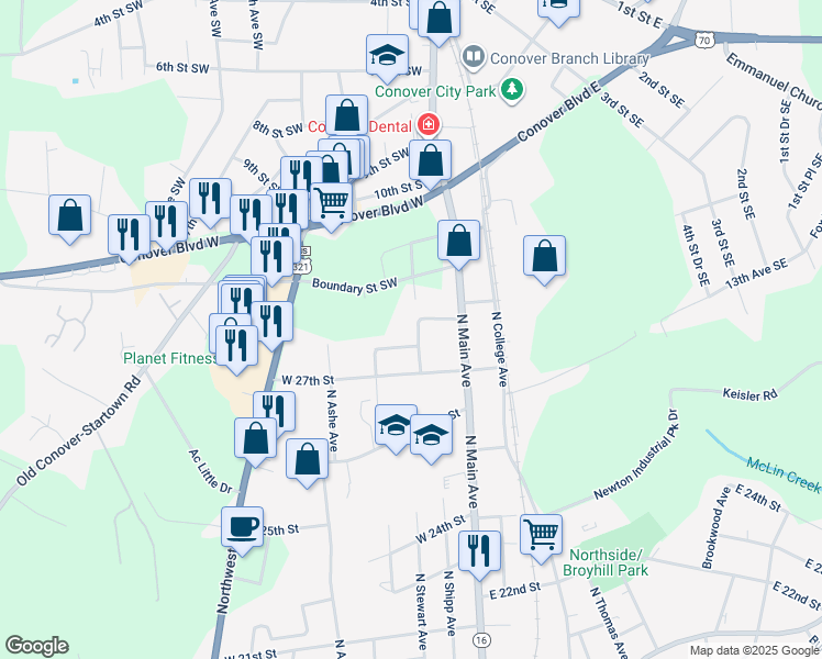 map of restaurants, bars, coffee shops, grocery stores, and more near 2818 North Shipp Avenue in Newton