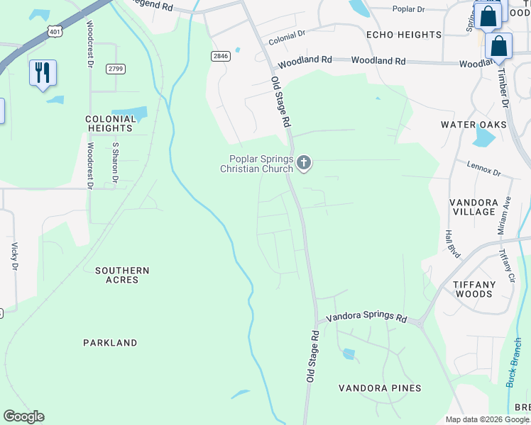 map of restaurants, bars, coffee shops, grocery stores, and more near 6117-6299 Old Stage Road in Raleigh