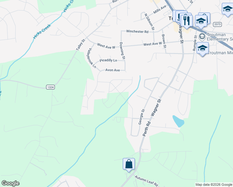 map of restaurants, bars, coffee shops, grocery stores, and more near 109 Queensbury Road in Troutman