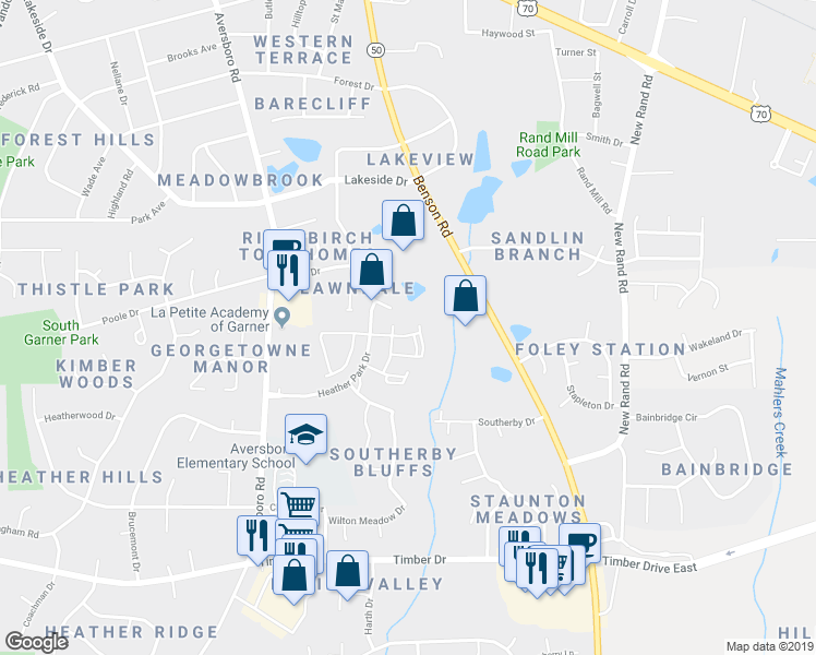 map of restaurants, bars, coffee shops, grocery stores, and more near 2275 Dartmouth Glen Drive in Garner