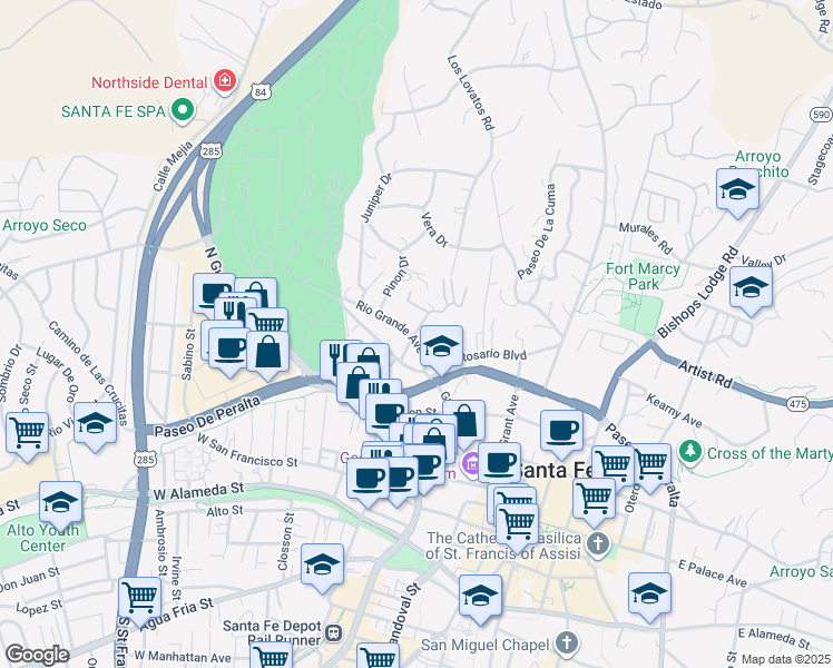 map of restaurants, bars, coffee shops, grocery stores, and more near 501 Rio Grande Avenue in Santa Fe