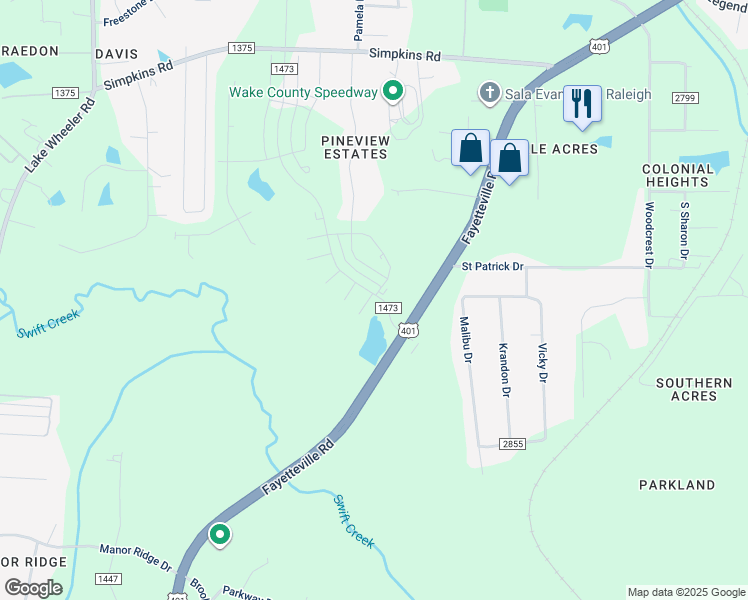 map of restaurants, bars, coffee shops, grocery stores, and more near 6000-6294 Fayetteville Road in Raleigh