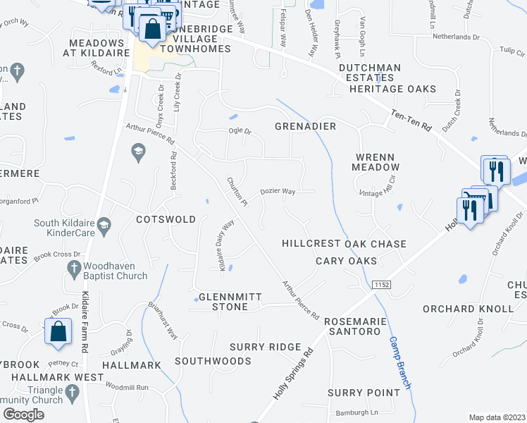 map of restaurants, bars, coffee shops, grocery stores, and more near Market House Way in Wake County