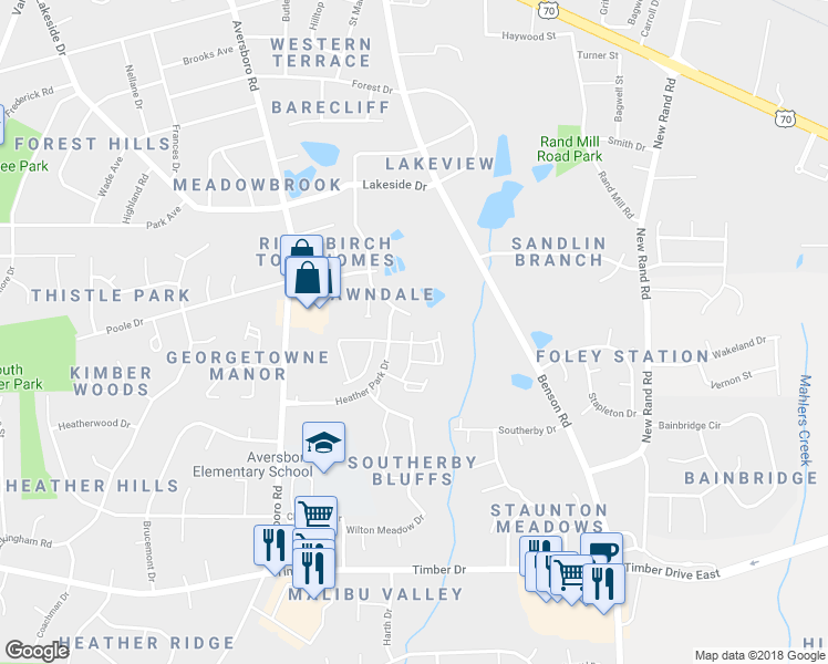 map of restaurants, bars, coffee shops, grocery stores, and more near 1350 Harvard Park Way in Garner