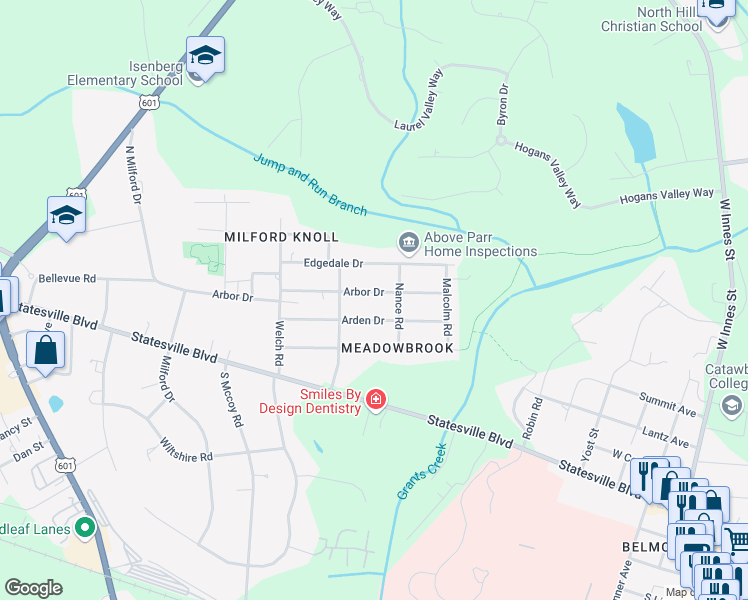 map of restaurants, bars, coffee shops, grocery stores, and more near 1211 Arbor Drive in Salisbury