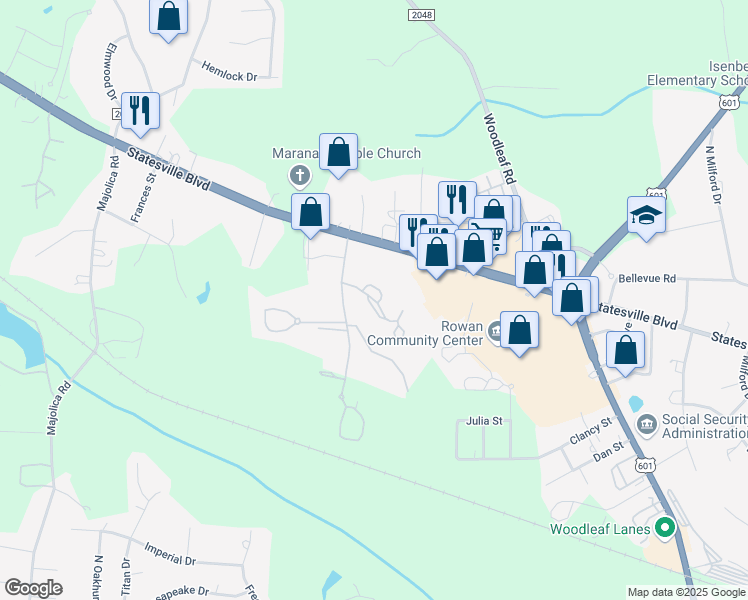 map of restaurants, bars, coffee shops, grocery stores, and more near 328 Lakewood Drive in Salisbury