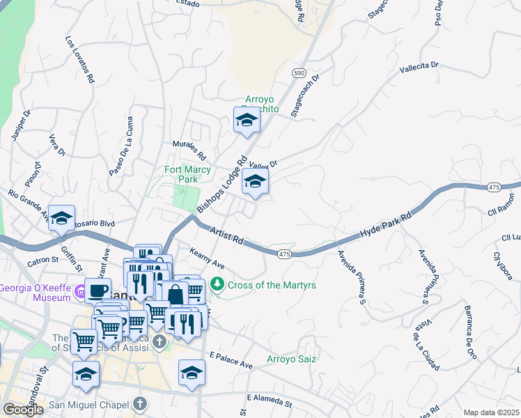 map of restaurants, bars, coffee shops, grocery stores, and more near 615 Campana Place in Santa Fe
