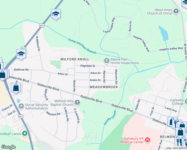 map of restaurants, bars, coffee shops, grocery stores, and more near 1221 Arbor Drive in Salisbury