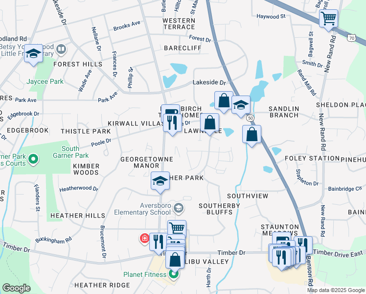 map of restaurants, bars, coffee shops, grocery stores, and more near 100 Myatt Fern Drive in Garner