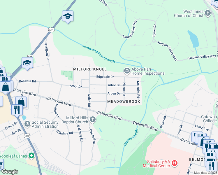 map of restaurants, bars, coffee shops, grocery stores, and more near 1225 Arbor Drive in Salisbury