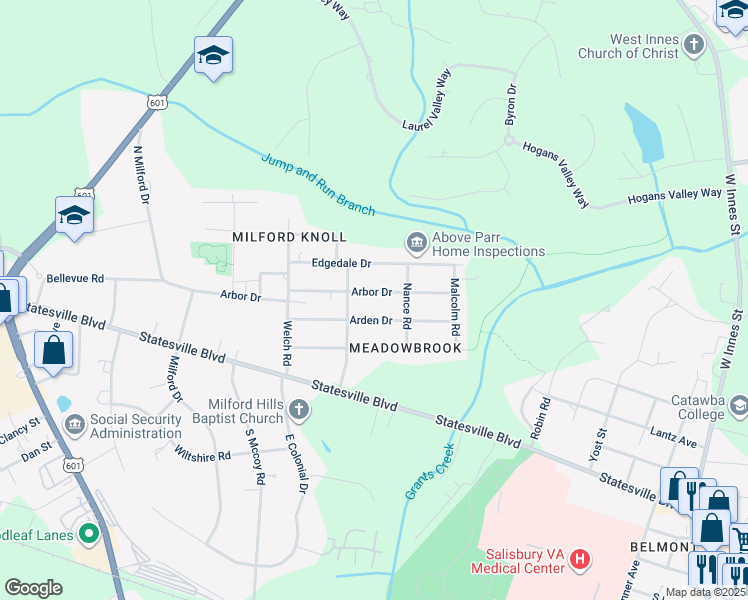 map of restaurants, bars, coffee shops, grocery stores, and more near 1217 Arbor Drive in Salisbury