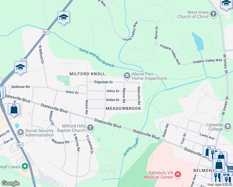 map of restaurants, bars, coffee shops, grocery stores, and more near 1211 Arbor Drive in Salisbury