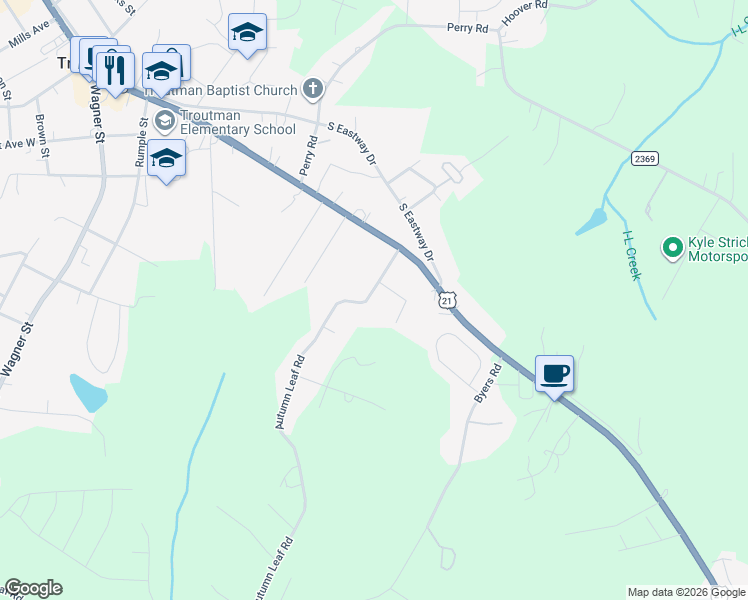 map of restaurants, bars, coffee shops, grocery stores, and more near 135 Autumn Leaf Road in Troutman
