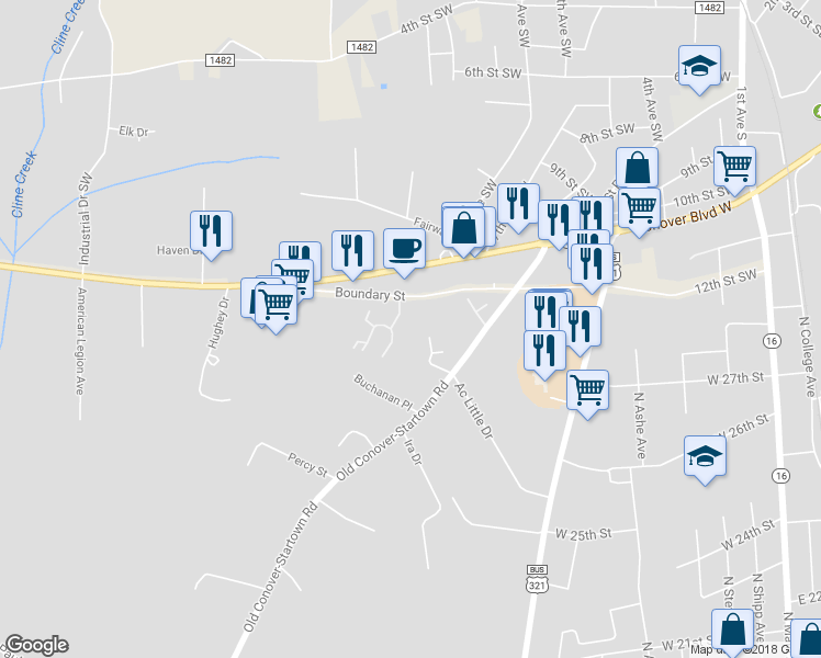 map of restaurants, bars, coffee shops, grocery stores, and more near 725 Boundary Street in Newton