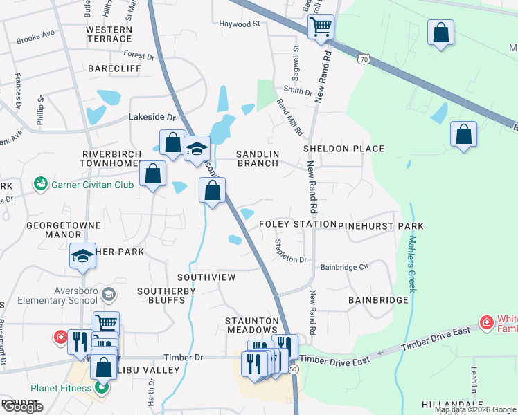 map of restaurants, bars, coffee shops, grocery stores, and more near 1139 Benson Road in Garner