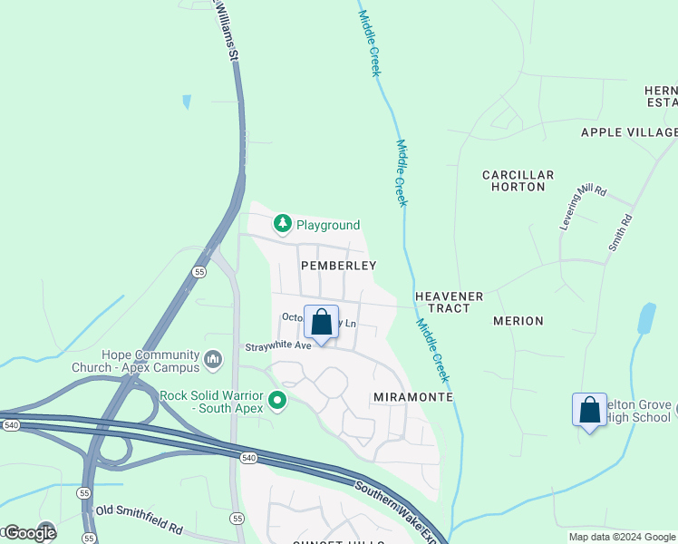 map of restaurants, bars, coffee shops, grocery stores, and more near 2434 Baslow Drive in Apex