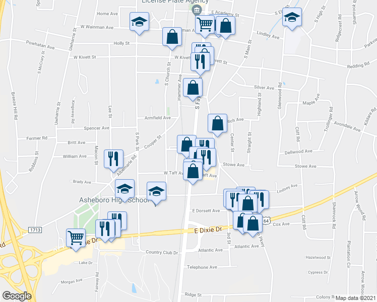 map of restaurants, bars, coffee shops, grocery stores, and more near 952A South Fayetteville Street in Asheboro
