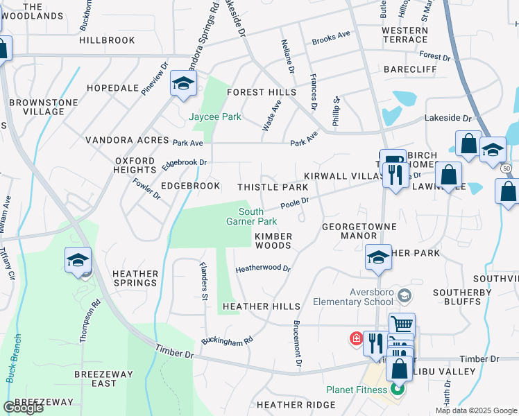 map of restaurants, bars, coffee shops, grocery stores, and more near 1200 Poole Drive in Garner