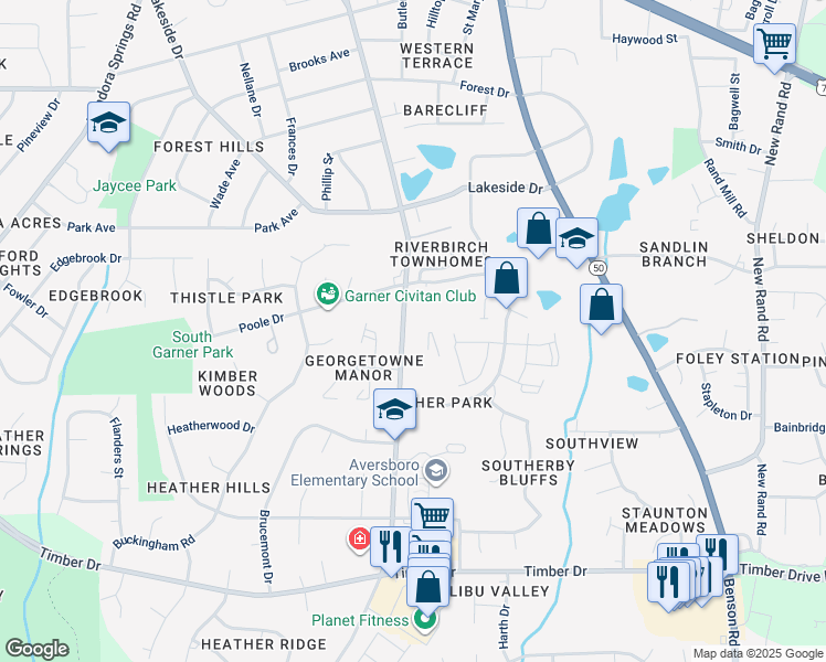 map of restaurants, bars, coffee shops, grocery stores, and more near 1411- 1/2 Aversboro Road in Garner