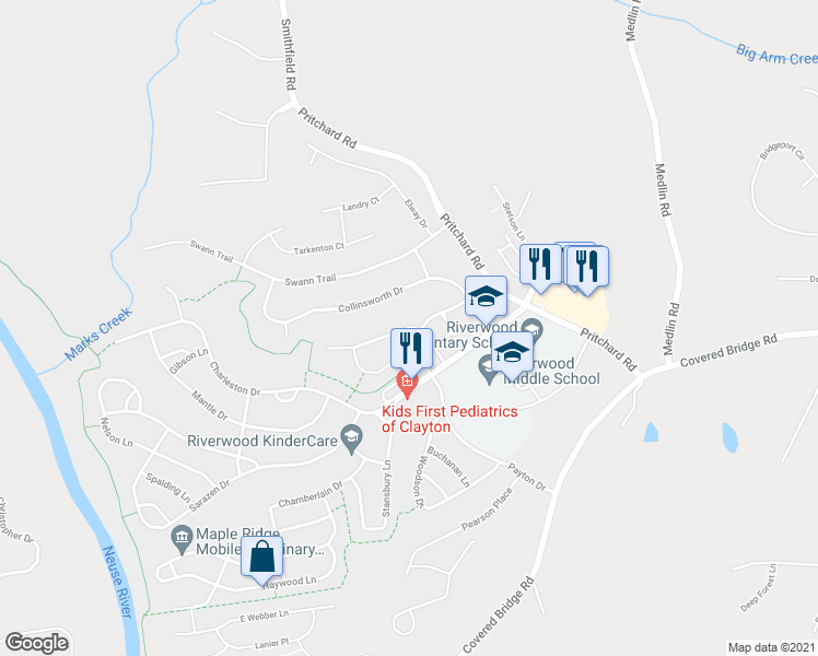 map of restaurants, bars, coffee shops, grocery stores, and more near 161 Marino Place in Clayton