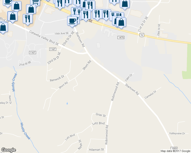 map of restaurants, bars, coffee shops, grocery stores, and more near 2007 Startown Road in Hickory