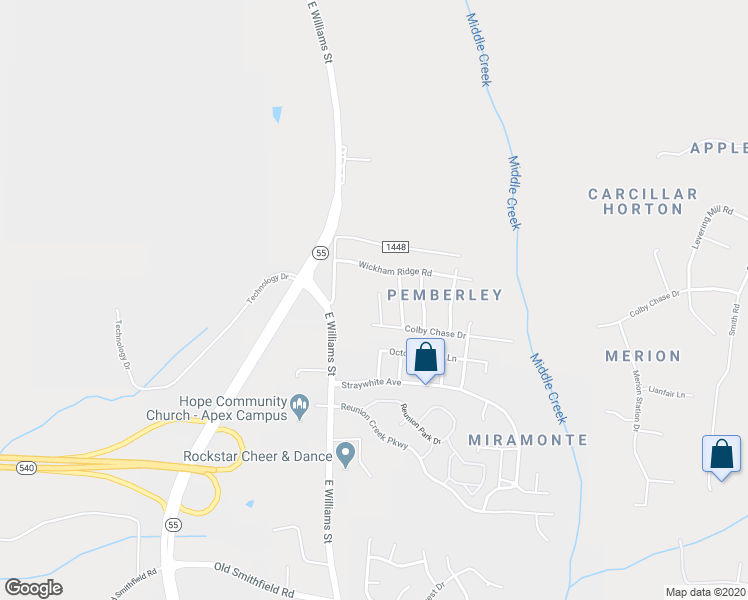 map of restaurants, bars, coffee shops, grocery stores, and more near 2412 Bingley Court in Apex