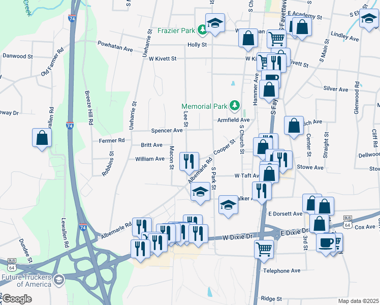 map of restaurants, bars, coffee shops, grocery stores, and more near 941 Lee Street in Asheboro