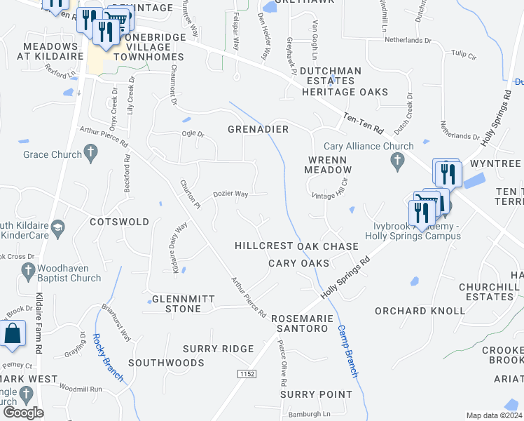 map of restaurants, bars, coffee shops, grocery stores, and more near 3005 Jovel Court in Apex