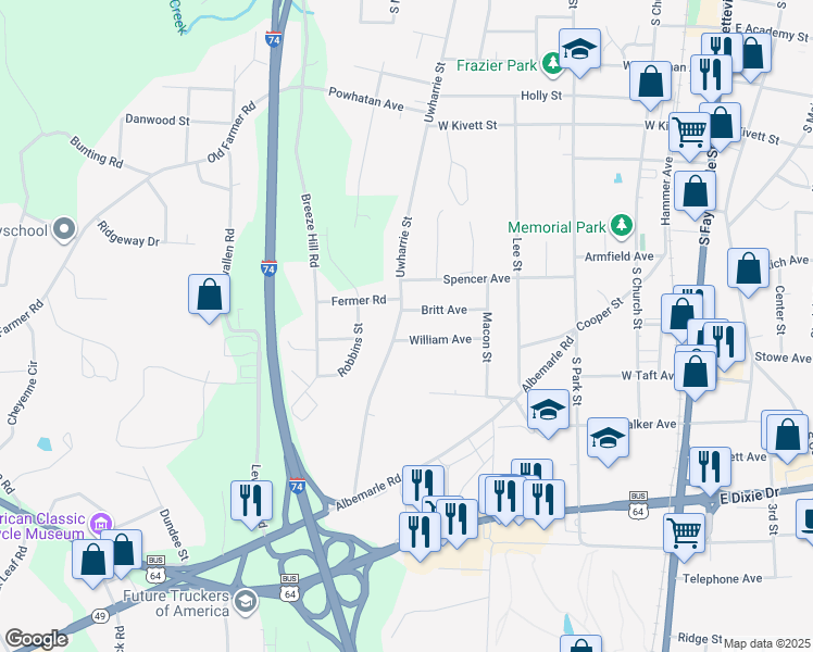 map of restaurants, bars, coffee shops, grocery stores, and more near 935 Uwharrie Street in Asheboro