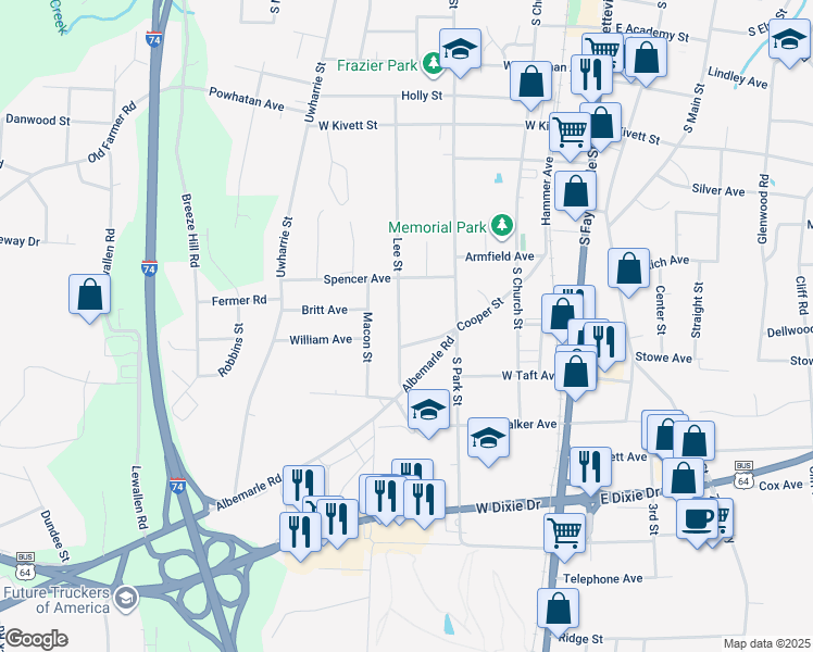 map of restaurants, bars, coffee shops, grocery stores, and more near 941 Lee Street in Asheboro