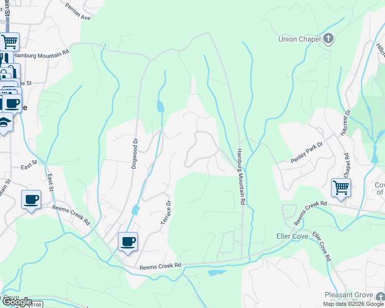 map of restaurants, bars, coffee shops, grocery stores, and more near 28 Forest Knoll Drive in Weaverville