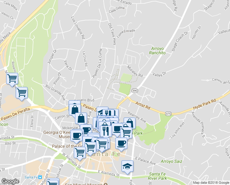 map of restaurants, bars, coffee shops, grocery stores, and more near 111 Camino Santiago in Santa Fe