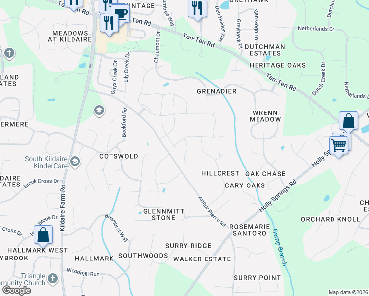 map of restaurants, bars, coffee shops, grocery stores, and more near 3433 Arthur Pierce Road in Apex
