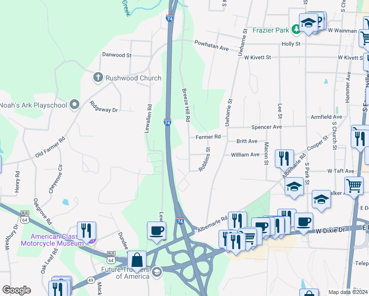map of restaurants, bars, coffee shops, grocery stores, and more near 938 Breeze Hill Road in Asheboro
