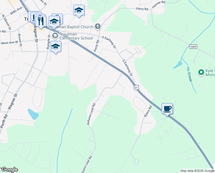 map of restaurants, bars, coffee shops, grocery stores, and more near 150 Autumn Leaf Road in Troutman