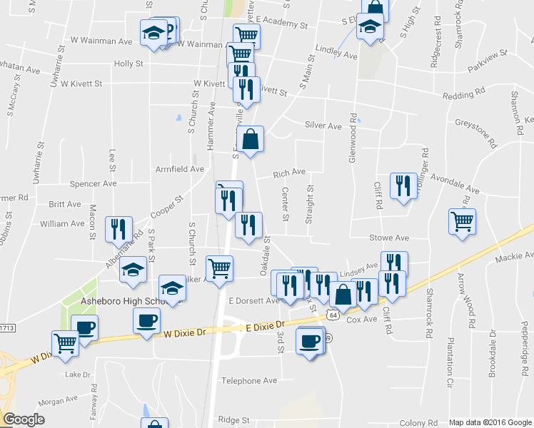 map of restaurants, bars, coffee shops, grocery stores, and more near 955 S Cox St in Asheboro