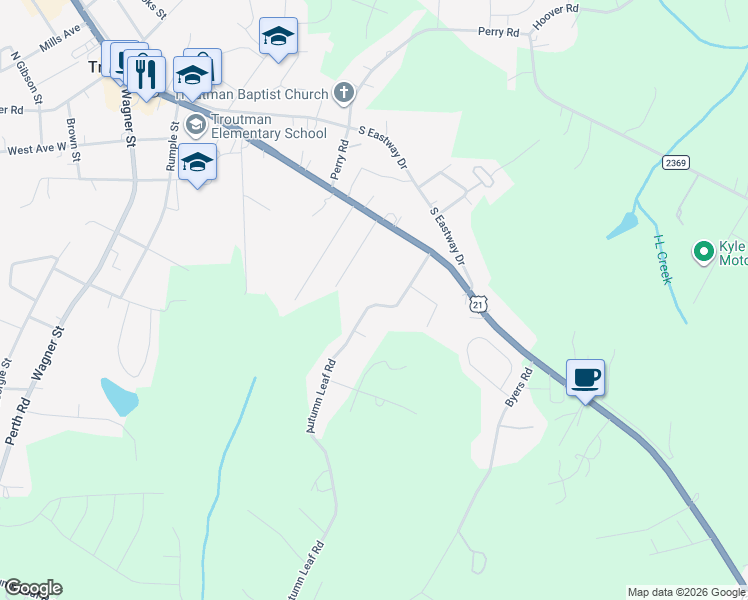 map of restaurants, bars, coffee shops, grocery stores, and more near 150 Autumn Leaf Road in Troutman