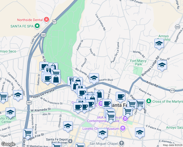 map of restaurants, bars, coffee shops, grocery stores, and more near 501 Rio Grande Avenue in Santa Fe