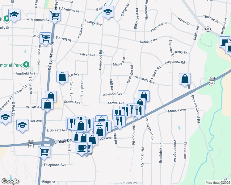 map of restaurants, bars, coffee shops, grocery stores, and more near 1 Dellwood Avenue in Asheboro