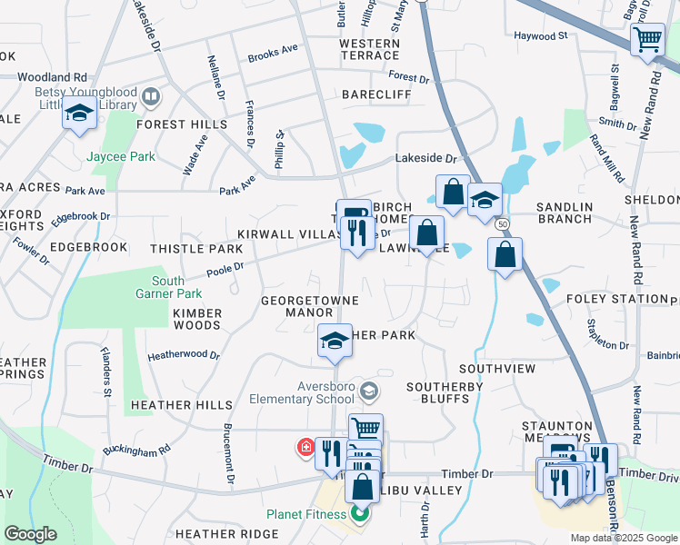 map of restaurants, bars, coffee shops, grocery stores, and more near 1411 1/2 Aversboro Road in Garner