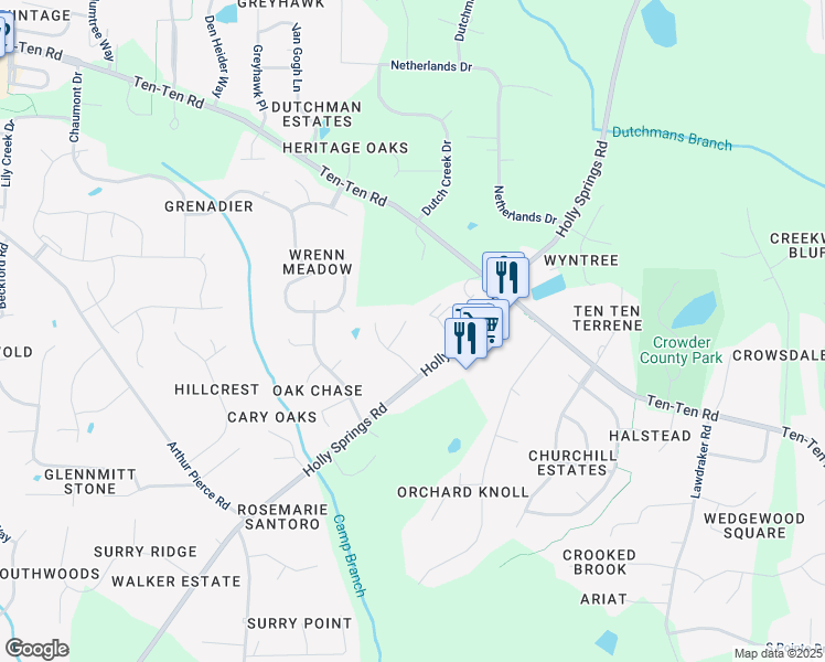 map of restaurants, bars, coffee shops, grocery stores, and more near 3205 Treewood Lane in Apex