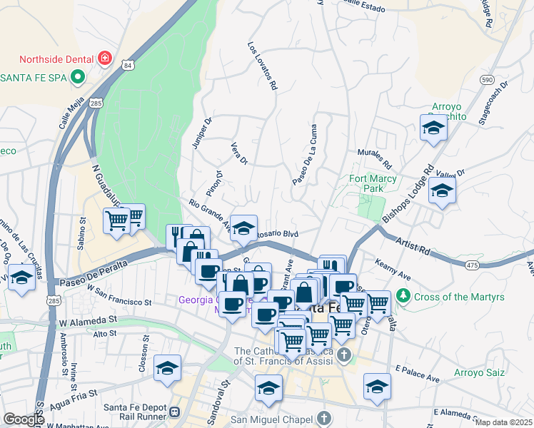 map of restaurants, bars, coffee shops, grocery stores, and more near 521 Del Norte Lane in Santa Fe
