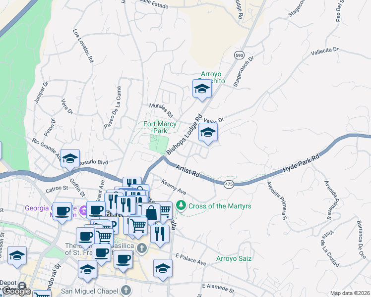 map of restaurants, bars, coffee shops, grocery stores, and more near 604 Sunset Street in Santa Fe