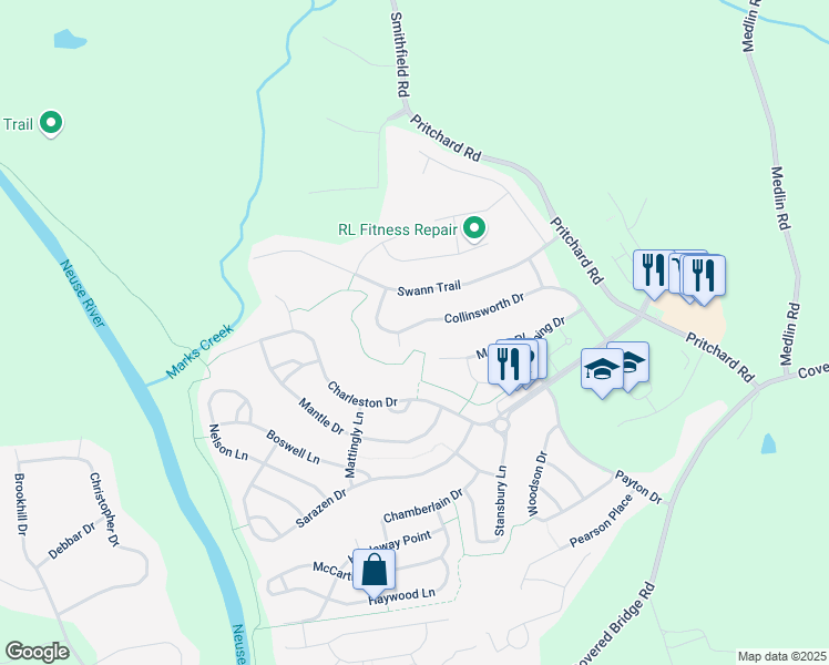 map of restaurants, bars, coffee shops, grocery stores, and more near 384 Collinsworth Drive in Clayton