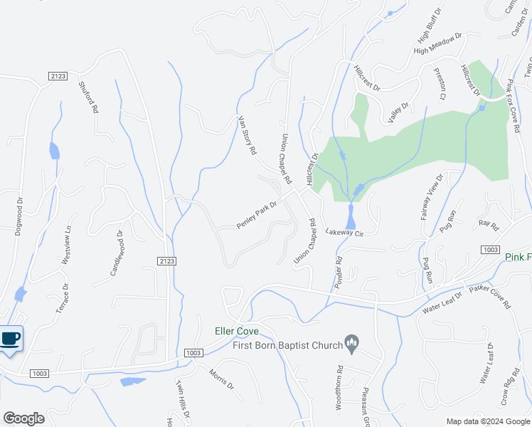map of restaurants, bars, coffee shops, grocery stores, and more near 28 Penley Park Drive in Weaverville