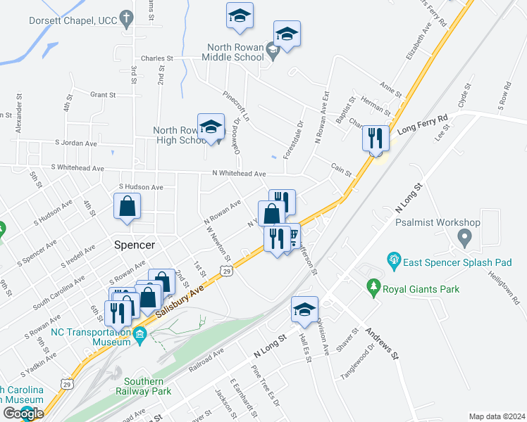 map of restaurants, bars, coffee shops, grocery stores, and more near 306 North Yadkin Avenue in Spencer