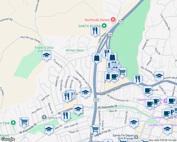 map of restaurants, bars, coffee shops, grocery stores, and more near 824 Rio Vista Street in Santa Fe