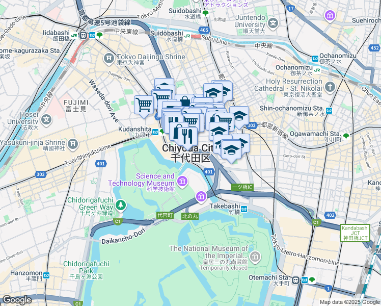 map of restaurants, bars, coffee shops, grocery stores, and more near in Chiyoda City